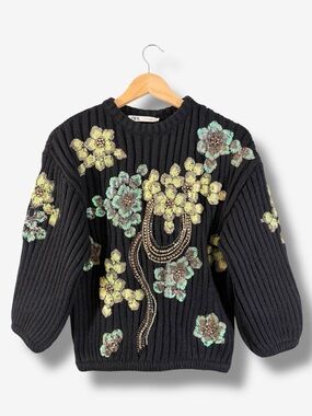 Zara Limited Edition Sequin Sweater Size S Black Ribbed Knit Beaded Floral